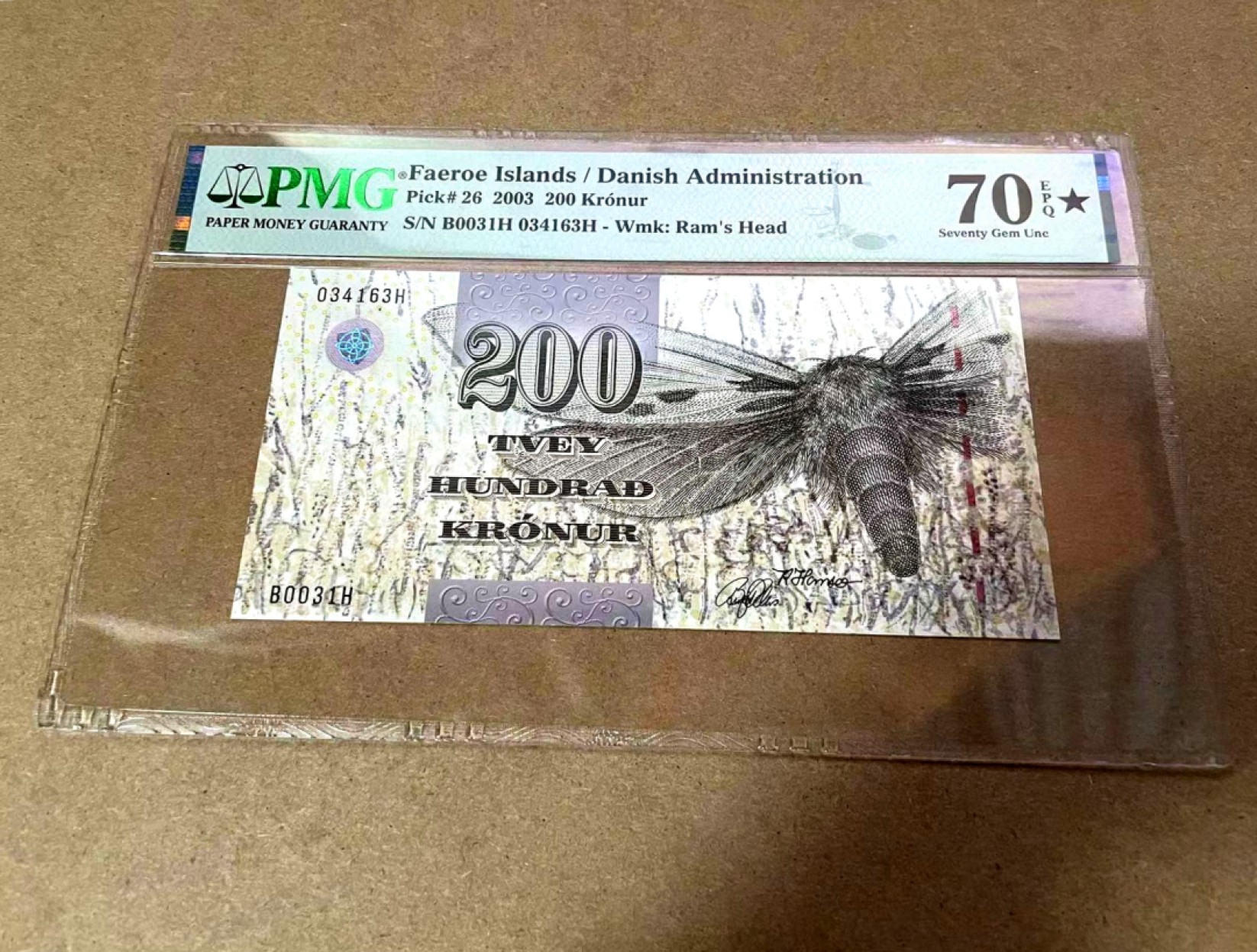 【Blue Auction】✨世界纸币精拍第306期——南越豹子【精】 【初版 满分 冠军分】法罗群岛 2003年200克朗 PMG70EPQ星星 大飞蛾