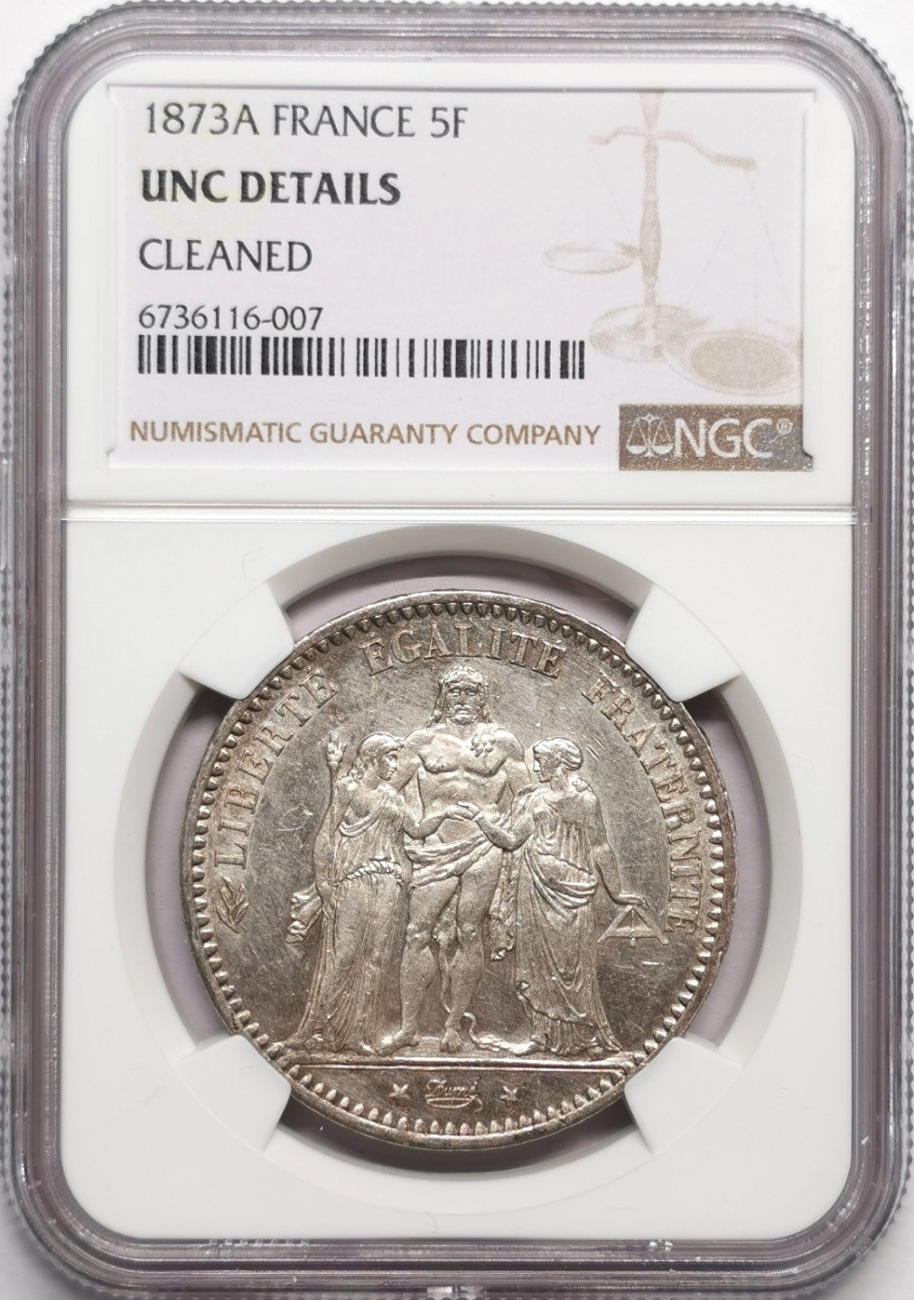 凡希社世界钱币微拍第二百三十三期 1873法国大力神5法郎NGC-UNCD