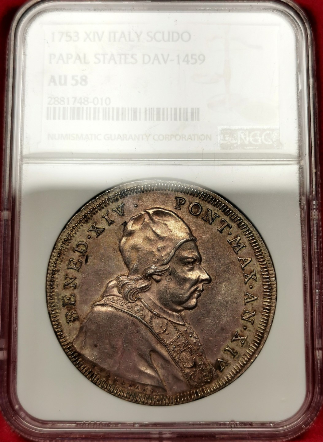 凡希社世界钱币微拍第二百三十三期 荐！1753教皇国本笃十四世圣母降临SCUDO大银NGC-AU58包浆厚重视觉感一流！
