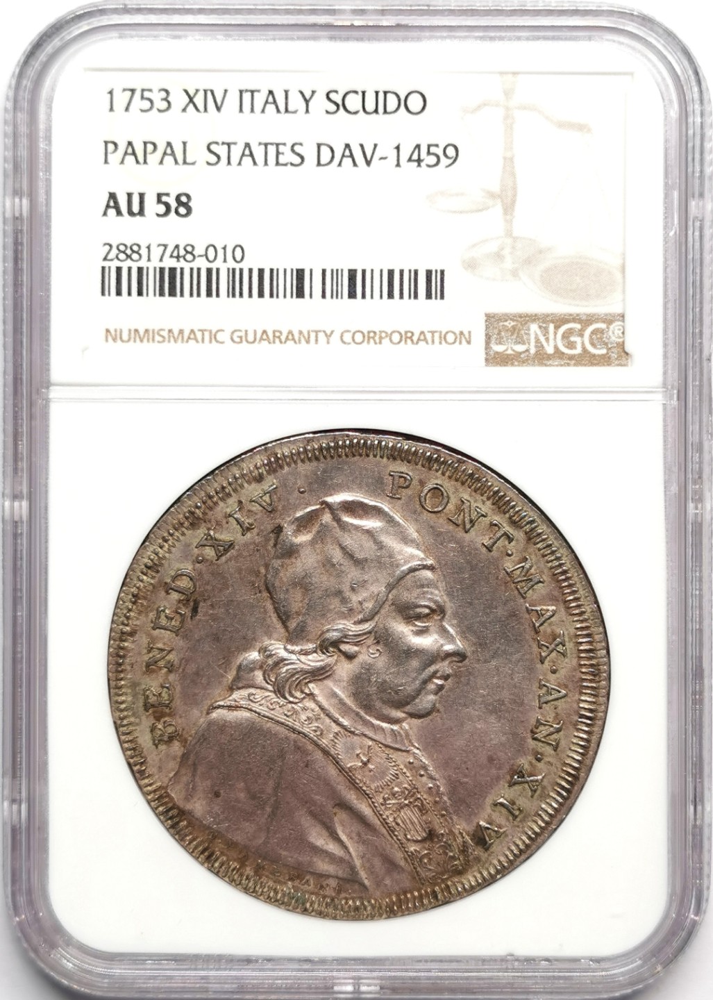 凡希社世界钱币微拍第二百三十三期 荐！1753教皇国本笃十四世圣母降临SCUDO大银NGC-AU58包浆厚重视觉感一流！