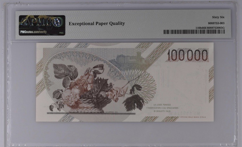 收藏联盟Quantum Auction 第242期拍卖  意大利1983年100000里拉 PMG66 卡拉瓦乔的名画《水果篮》 双面雕刻 三色凹印
