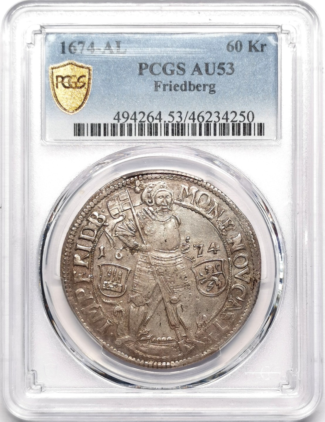凡希社世界钱币微拍第二百三十三期 荐！1674弗里德贝格长矛武士60K大银PCGS-AU53稀见品种！
