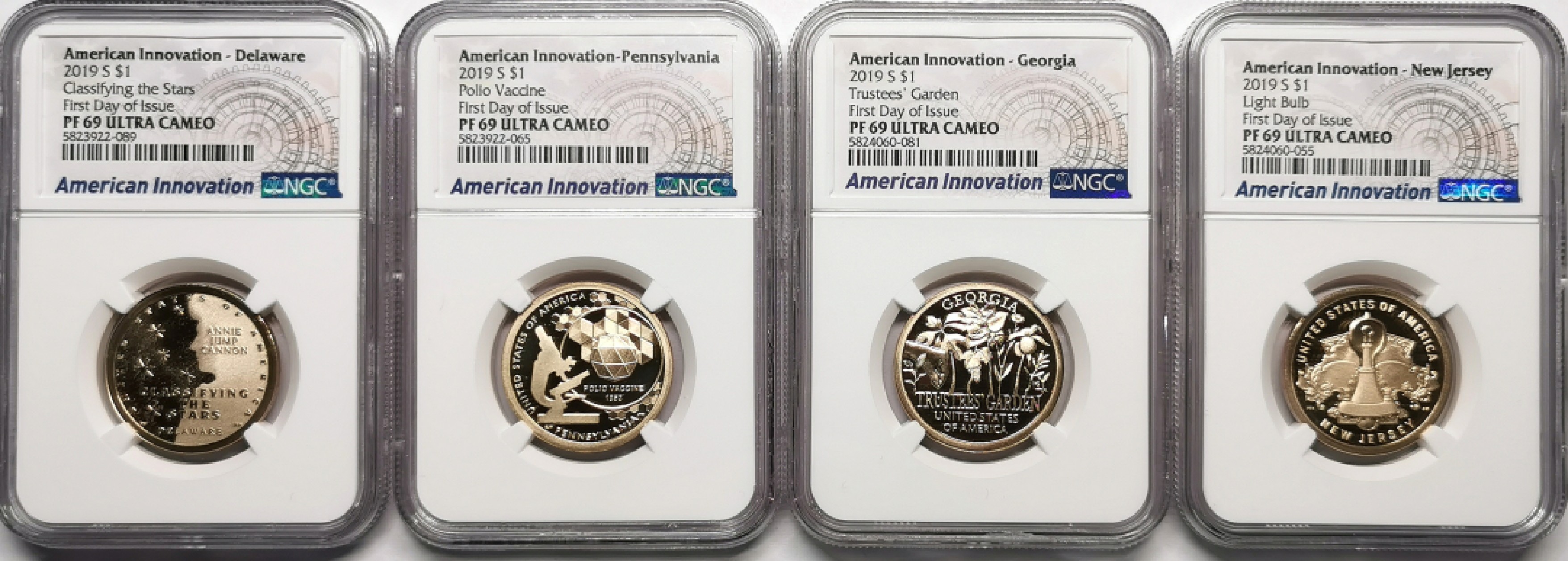 凡希社世界钱币微拍第二百三十三期 2019美国创新发明州币壹元四枚一组NGC-PF69UC