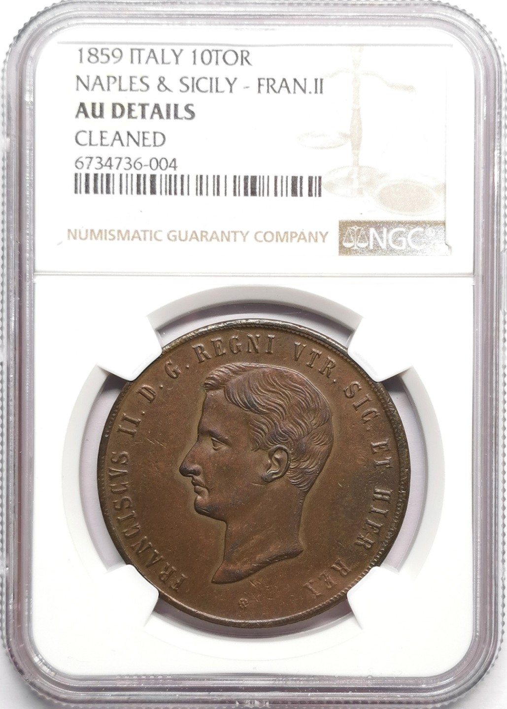 凡希社世界钱币微拍第二百三十三期 1859那不勒斯与西西里10Tor大铜NGC-AUD