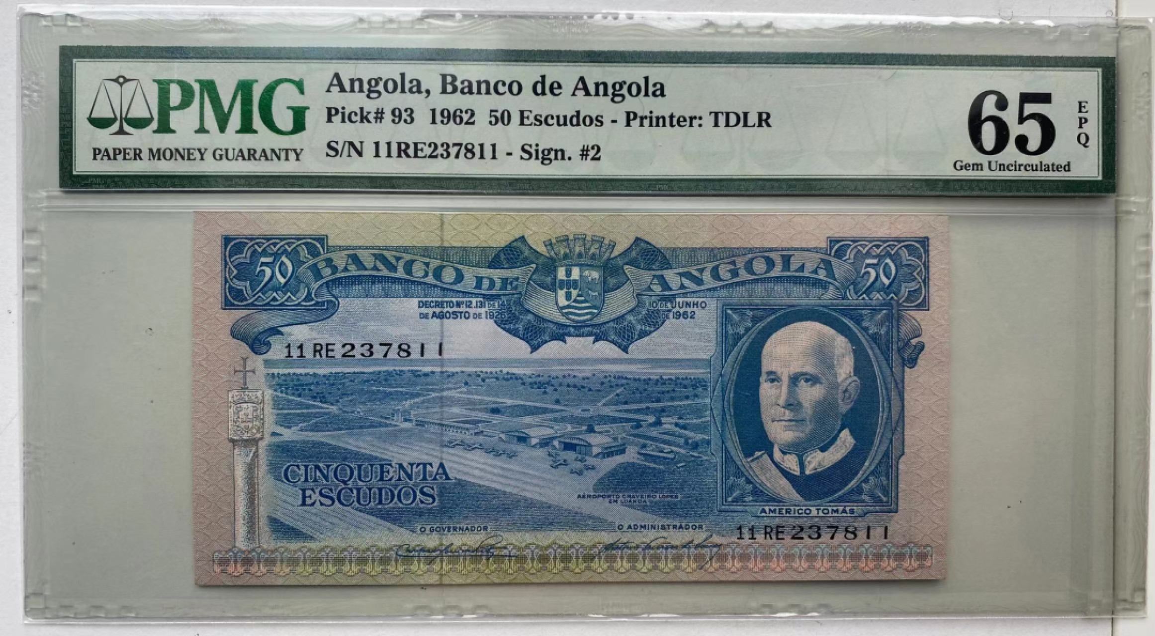【Blue Auction】✨世界纸币精拍第306期——南越豹子【精】 安哥拉 1962年50埃斯库多 PMG65EPQ 背面动物群 