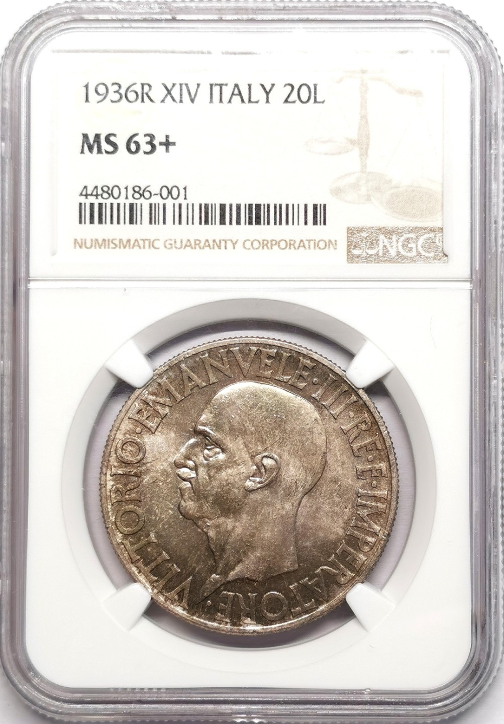 凡希社世界钱币微拍第二百三十三期 荐！1936意大利法西斯版执束棒与NIKE的女神20里拉大银NGC-MS63+五彩绝美收藏级！