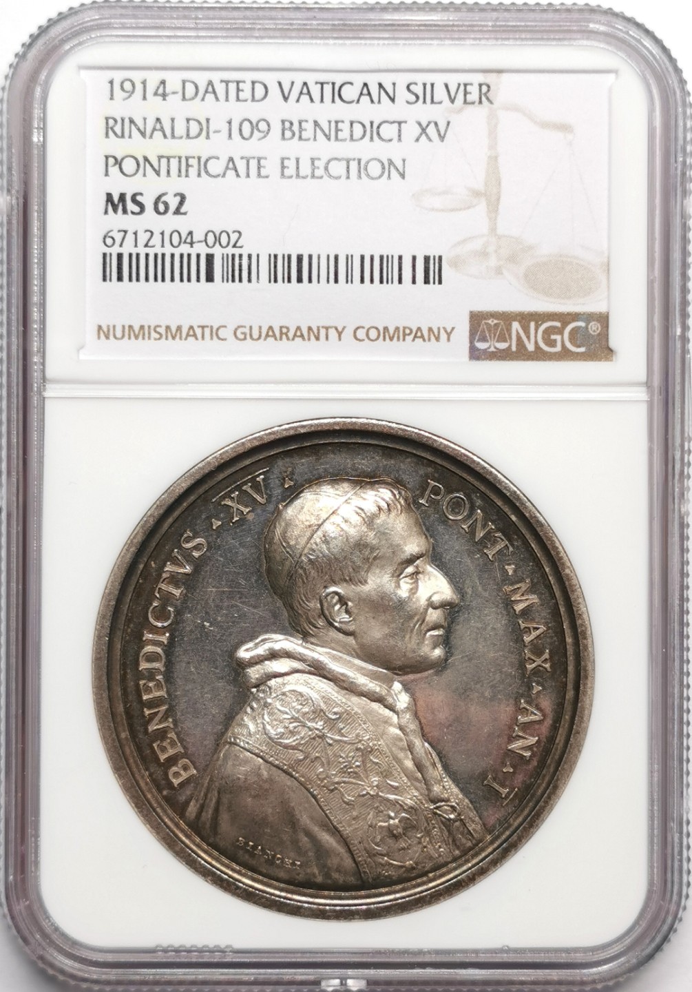 凡希社世界钱币微拍第二百三十三期 1914梵蒂冈本笃十五世教宗选举会议纪念银章NGC-MS62
