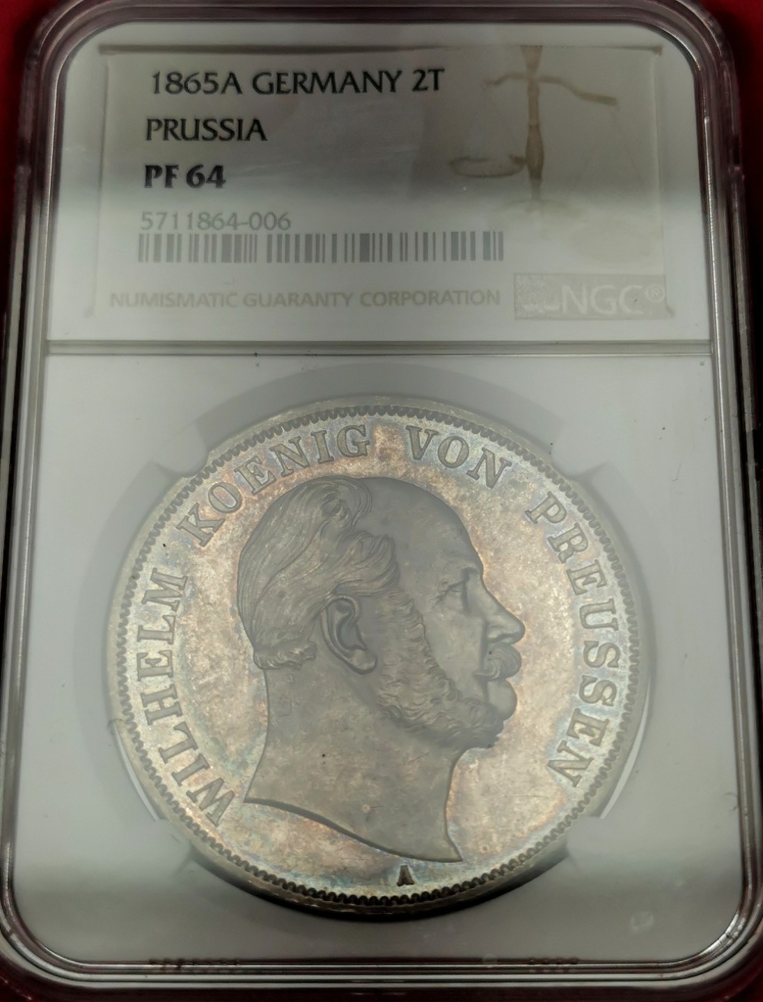 凡希社世界钱币微拍第二百三十三期 荐！1865普鲁士威廉一世2泰勒大银精铸NGC-PF64五彩顶级品相！