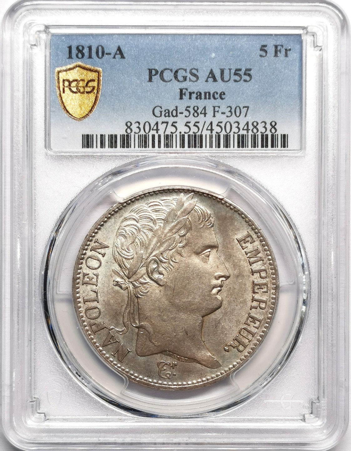 凡希社世界钱币微拍第二百三十三期 1810A法国拿破仑桂冠像5法郎PCGS-AU55粉光实物赞！