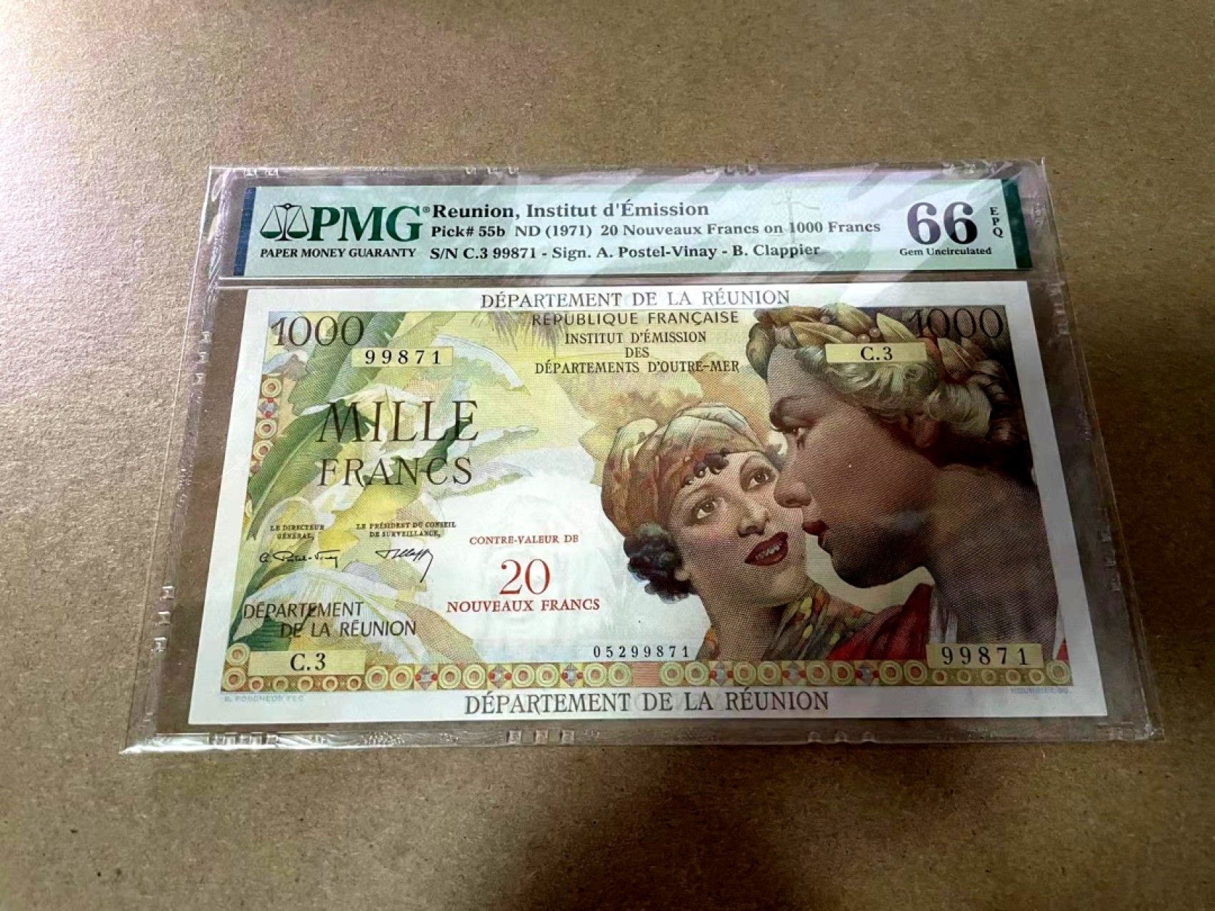 【Blue Auction】✨世界纸币精拍第306期——南越豹子【精】 留尼旺 1971年20新法郎=1000法郎 PMG66EPQ 大票幅 法属风 精美