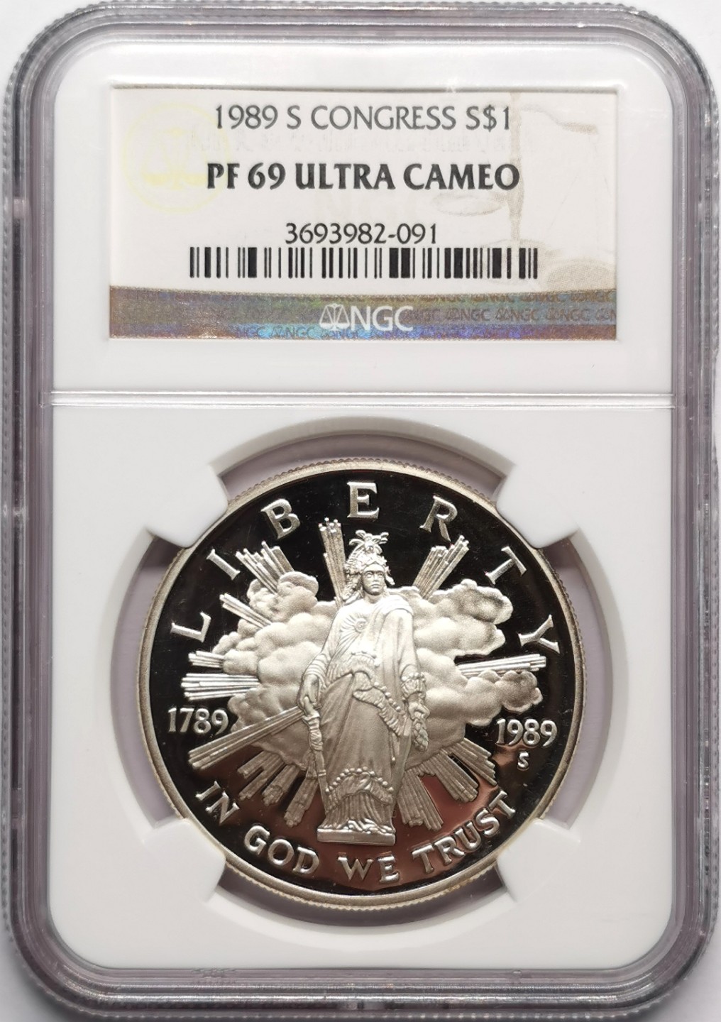 凡希社世界钱币微拍第二百三十三期 1989S美国国会壹元纪念银币精铸NGC-PF69UC