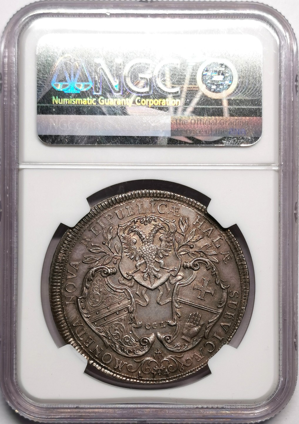 凡希社世界钱币微拍第二百三十三期 罕！1746施瓦本佛朗茨一世双头鹰盾徽泰勒大银NGC-MS63紫金重彩罕见品种！