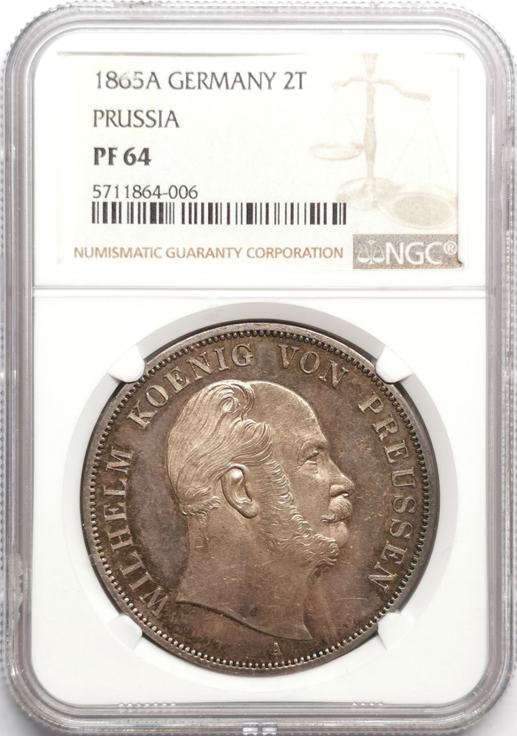凡希社世界钱币微拍第二百三十三期 荐！1865普鲁士威廉一世2泰勒大银精铸NGC-PF64五彩顶级品相！