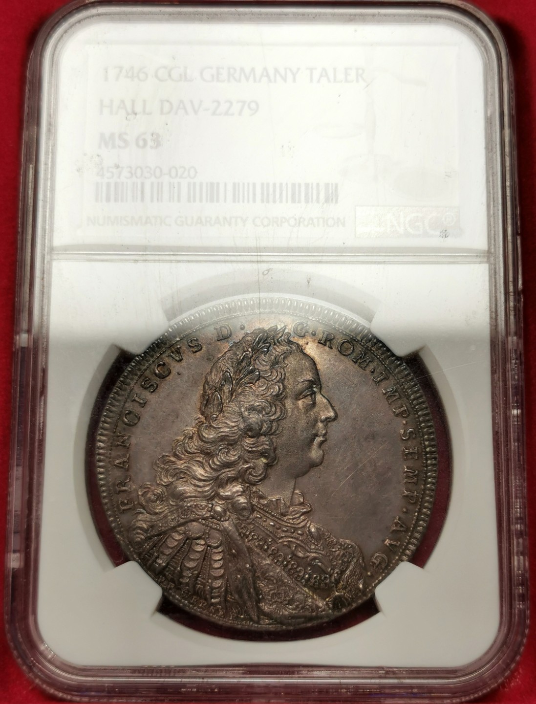 凡希社世界钱币微拍第二百三十三期 罕！1746施瓦本佛朗茨一世双头鹰盾徽泰勒大银NGC-MS63紫金重彩罕见品种！