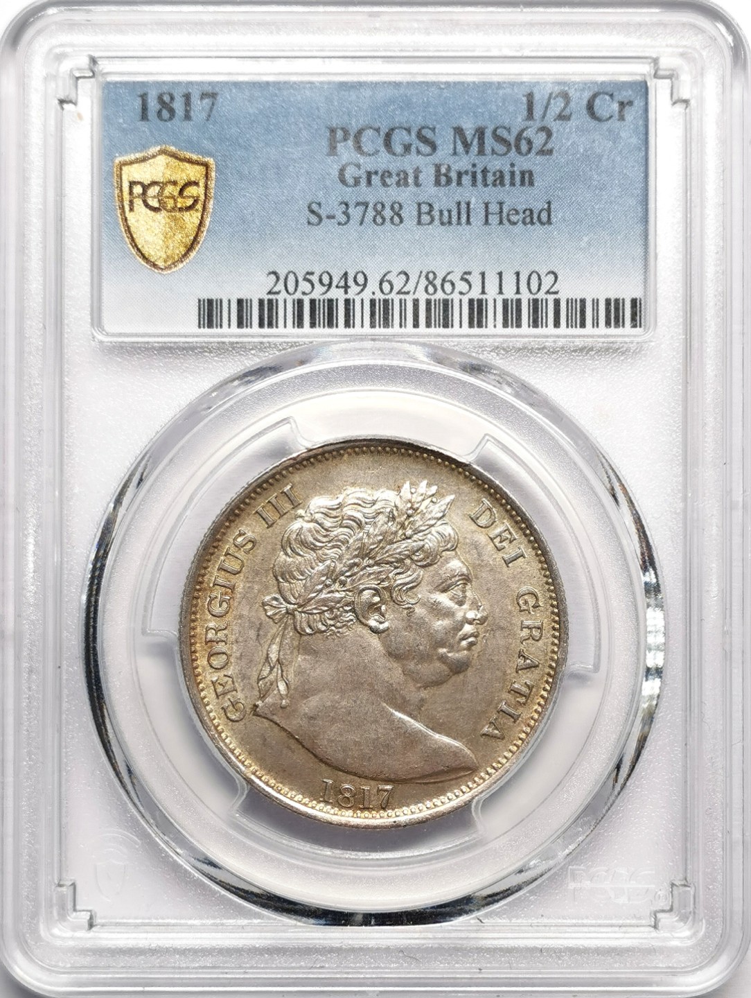 凡希社世界钱币微拍第二百三十三期 1817英国乔三牛头半克朗PCGS-MS62