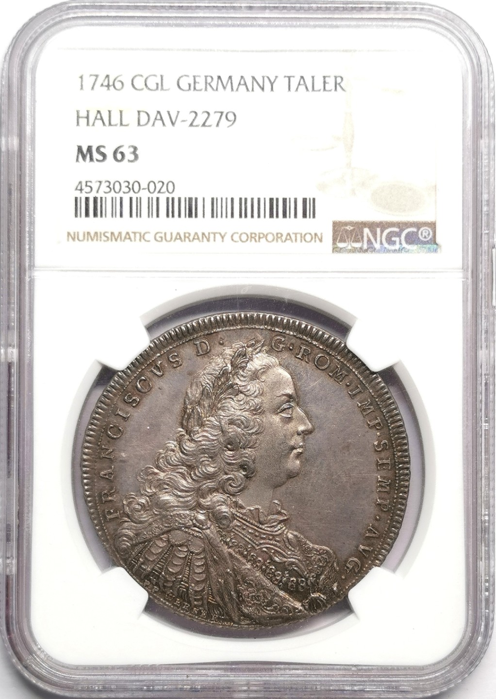 凡希社世界钱币微拍第二百三十三期 罕！1746施瓦本佛朗茨一世双头鹰盾徽泰勒大银NGC-MS63紫金重彩罕见品种！