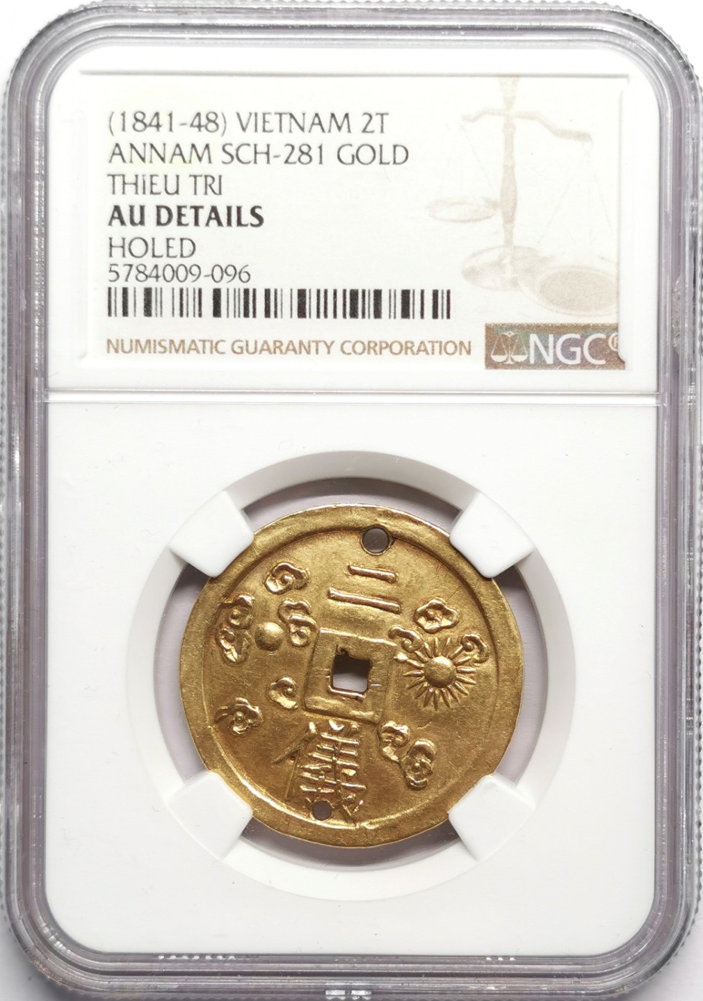 凡希社世界钱币微拍第二百三十三期 荐！1841-48大南绍治二仪方孔金质赏钱NGC-AUD