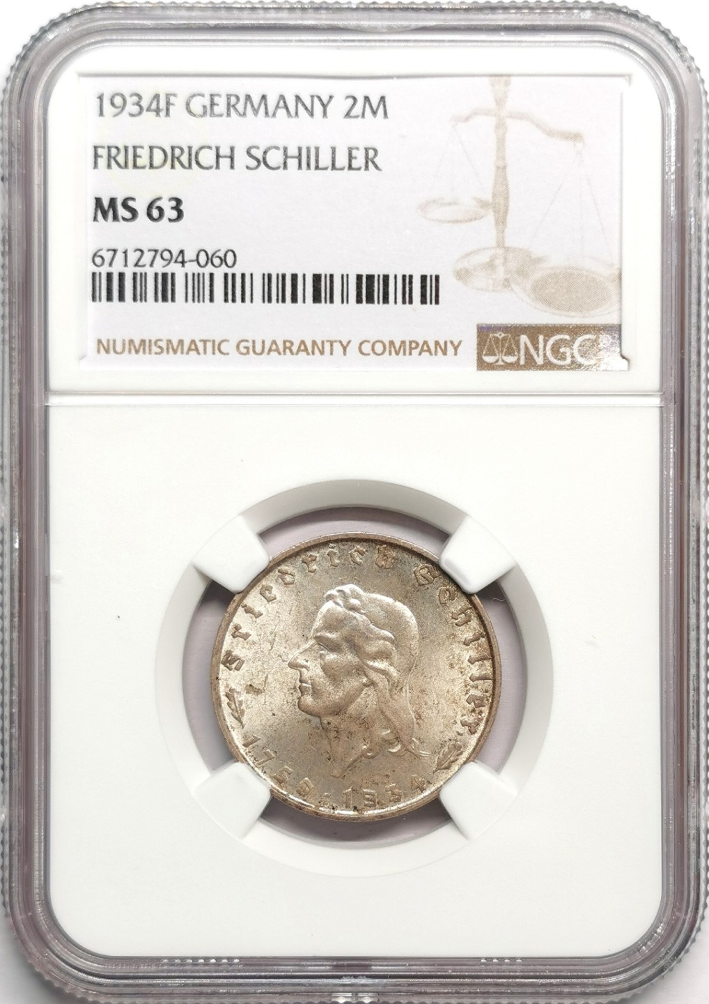 凡希社世界钱币微拍第二百三十三期 1934德国席勒2马克NGC-MS63