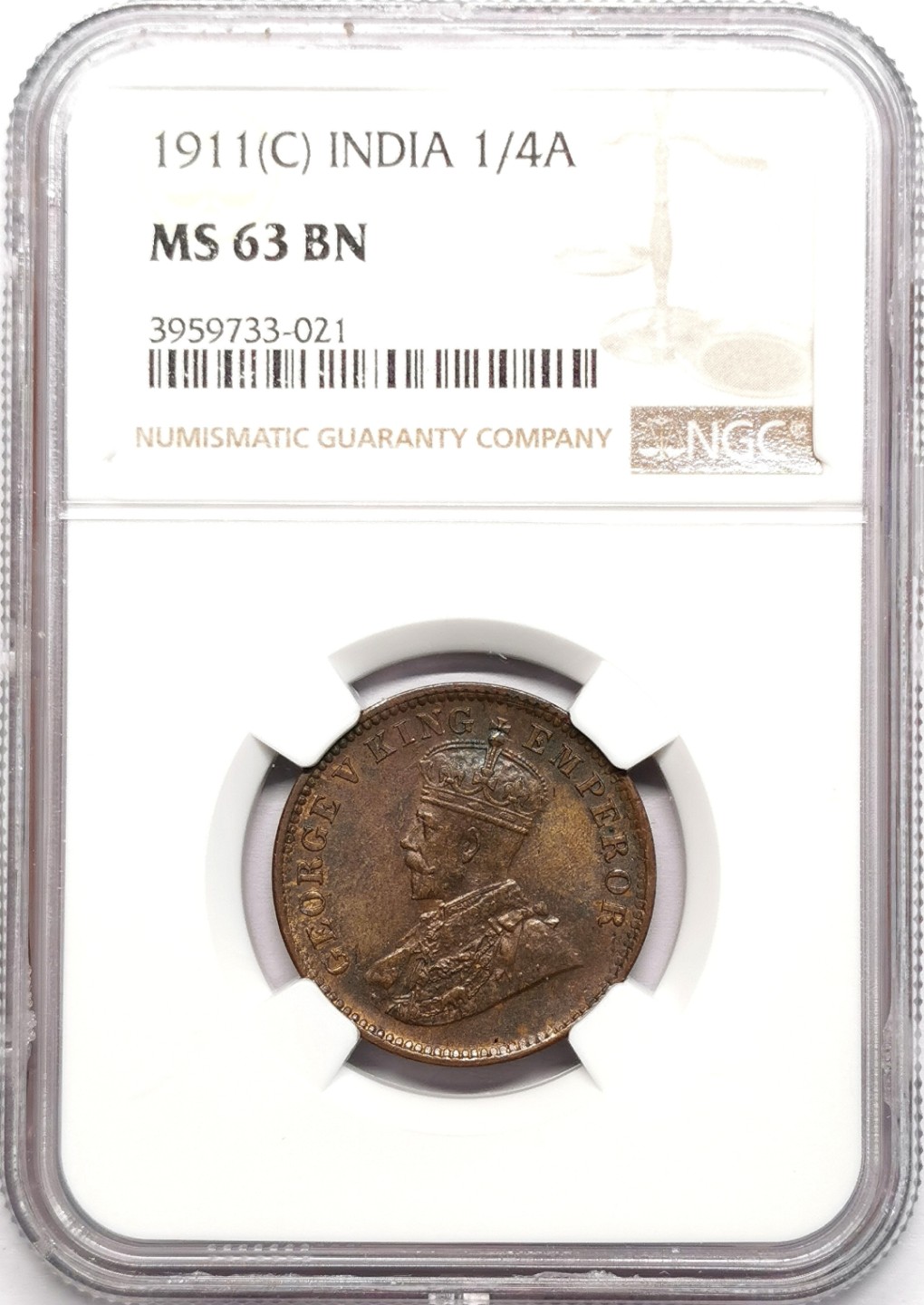 凡希社世界钱币微拍第二百三十三期 荐！1911英属印度乔五猪安那NGC-MS63稀有收藏级！