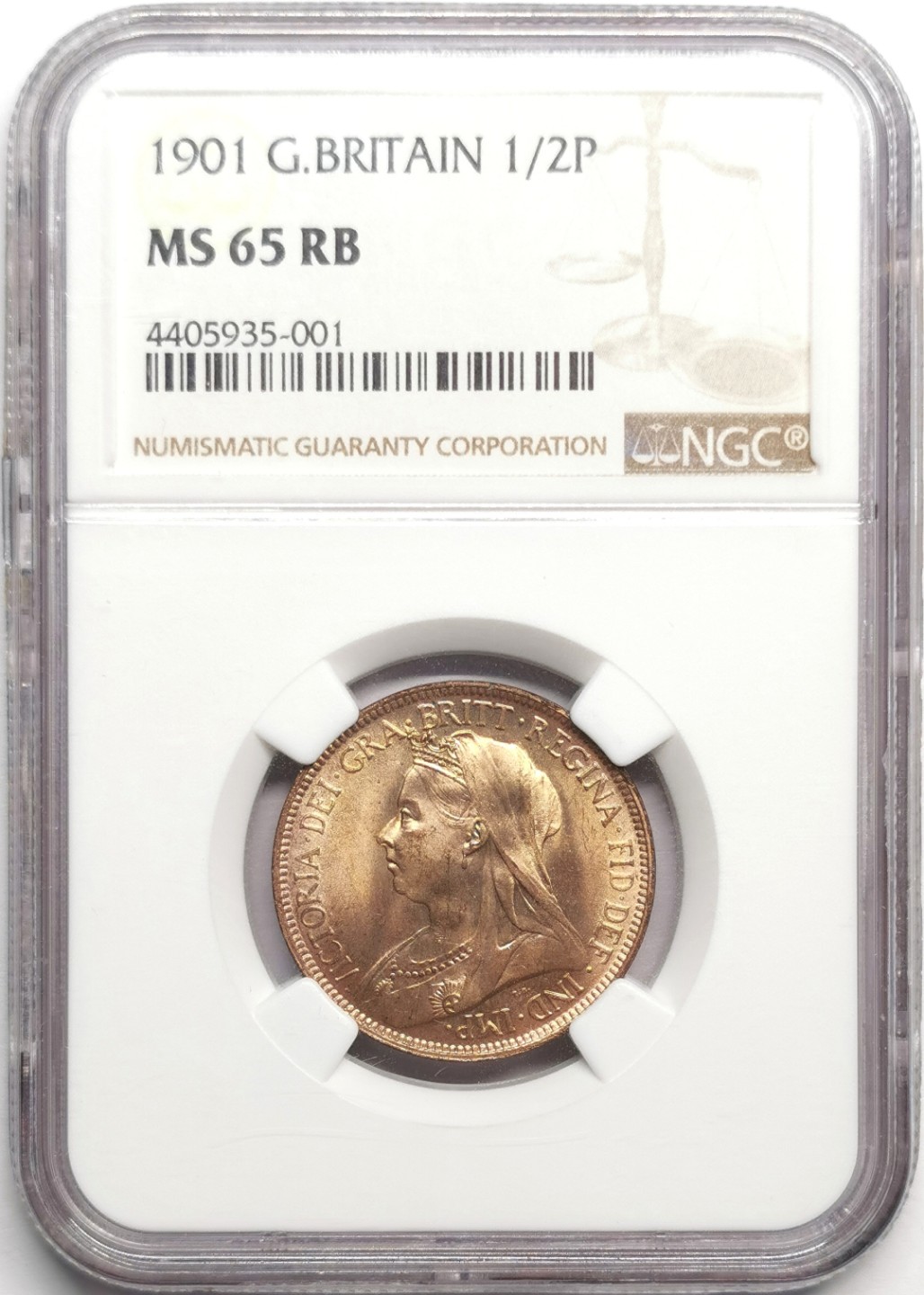 凡希社世界钱币微拍第二百三十三期 1901英国批纱1/2便士铜币NGC-MS65