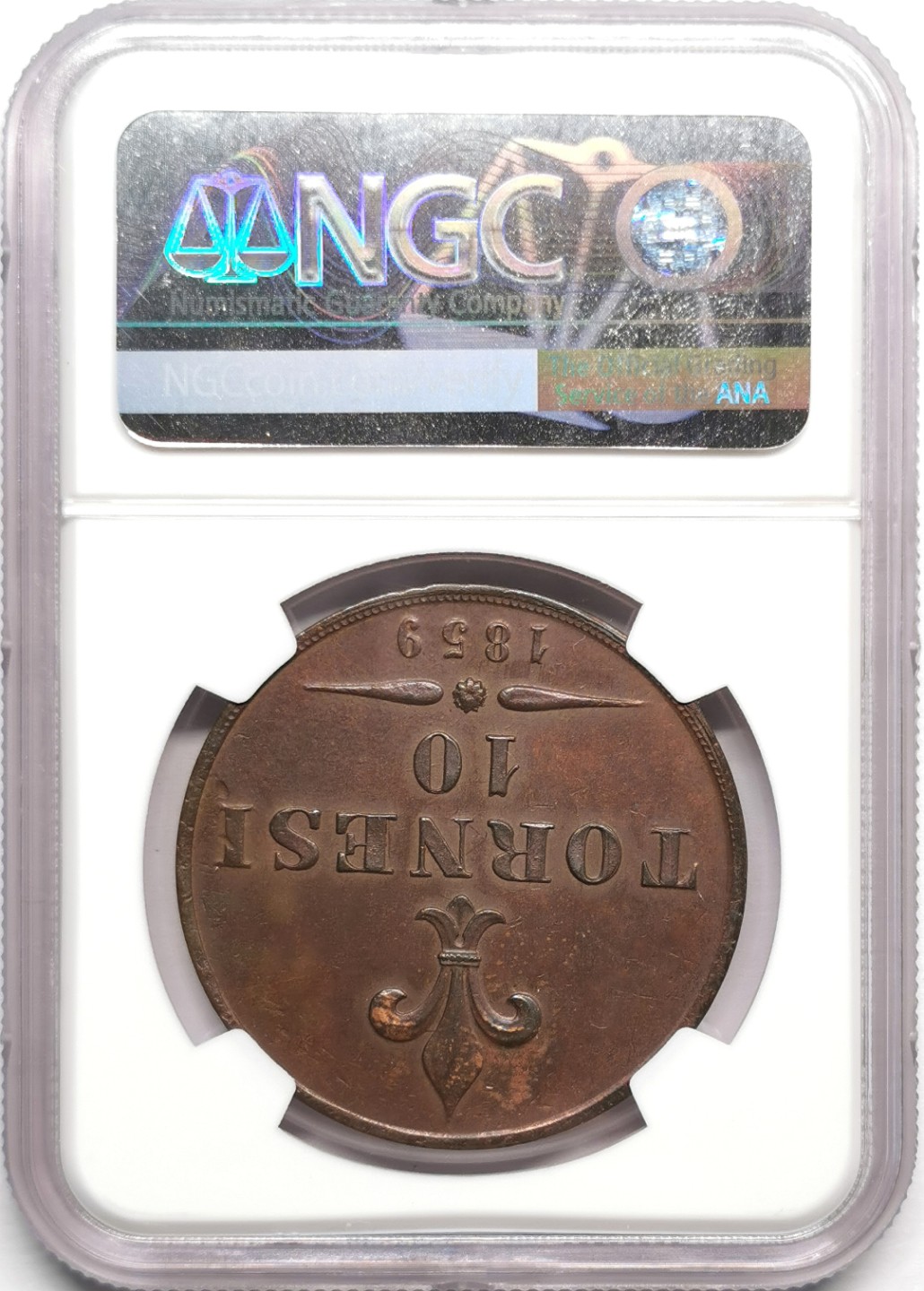 凡希社世界钱币微拍第二百三十三期 1859那不勒斯与西西里10Tor大铜NGC-AUD