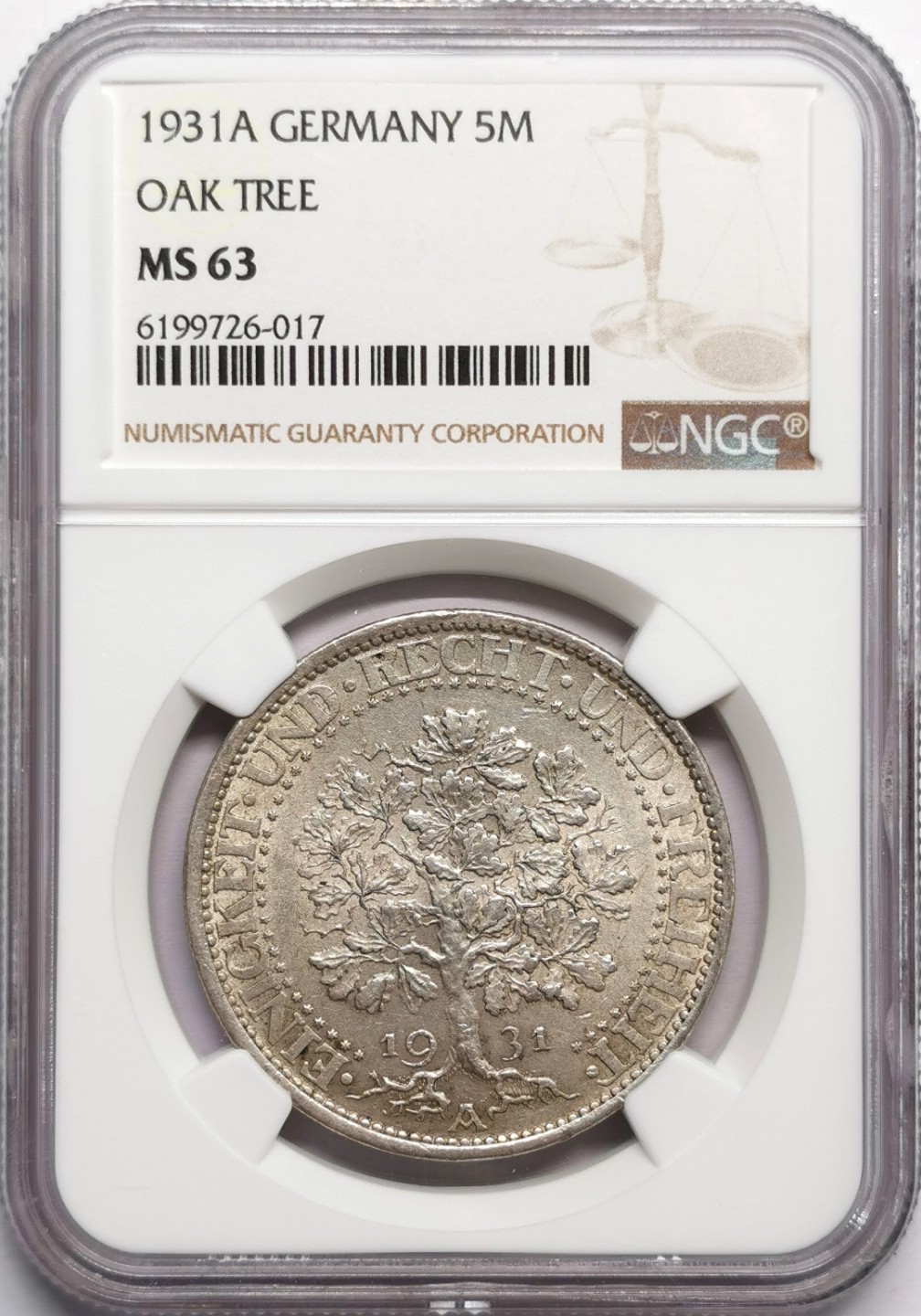 凡希社世界钱币微拍第二百三十三期 1931A魏玛橡树5马克大银NGC-MS63