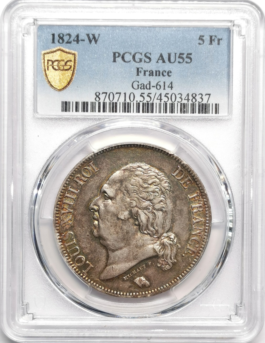 凡希社世界钱币微拍第二百三十三期 1824W法国路易十八5法郎大银PCGS-AU55