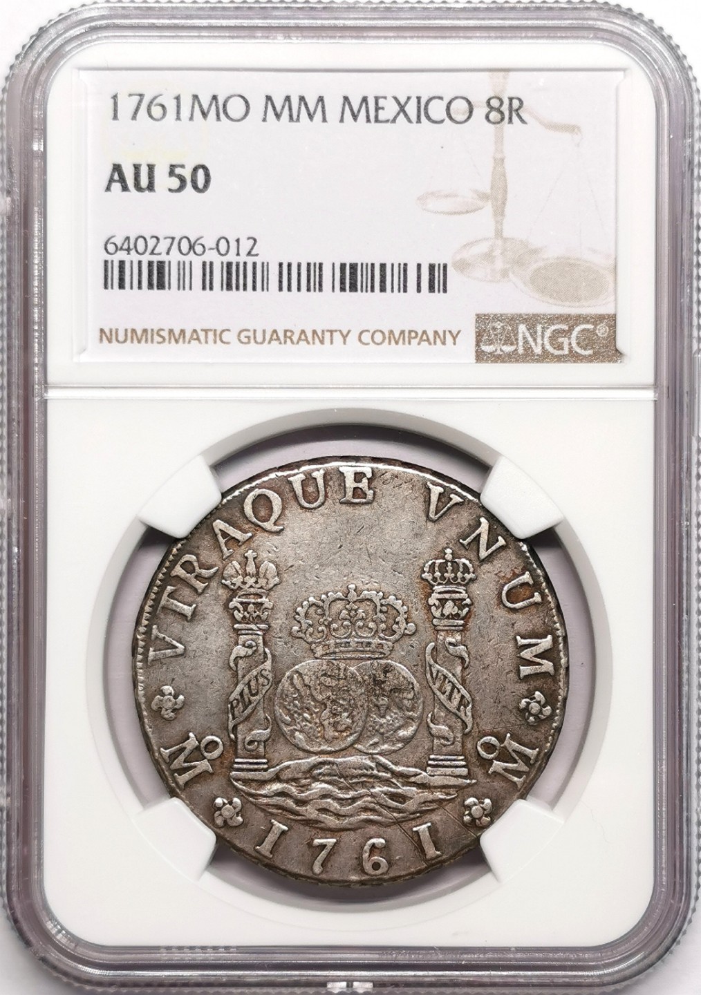 凡希社世界钱币微拍第二百三十三期 1761墨西哥卡洛斯三世地球双柱NGC-AU50好味道！