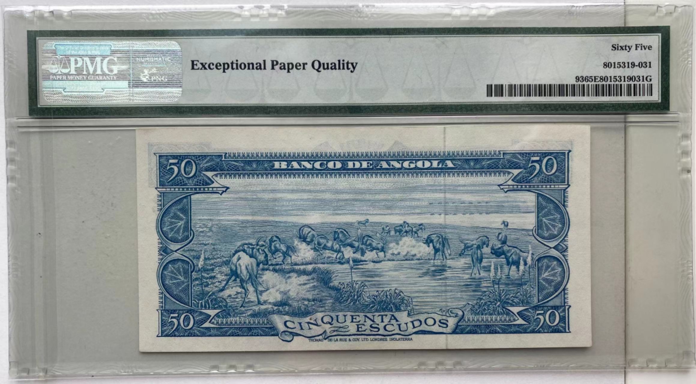 【Blue Auction】✨世界纸币精拍第306期——南越豹子【精】 安哥拉 1962年50埃斯库多 PMG65EPQ 背面动物群 