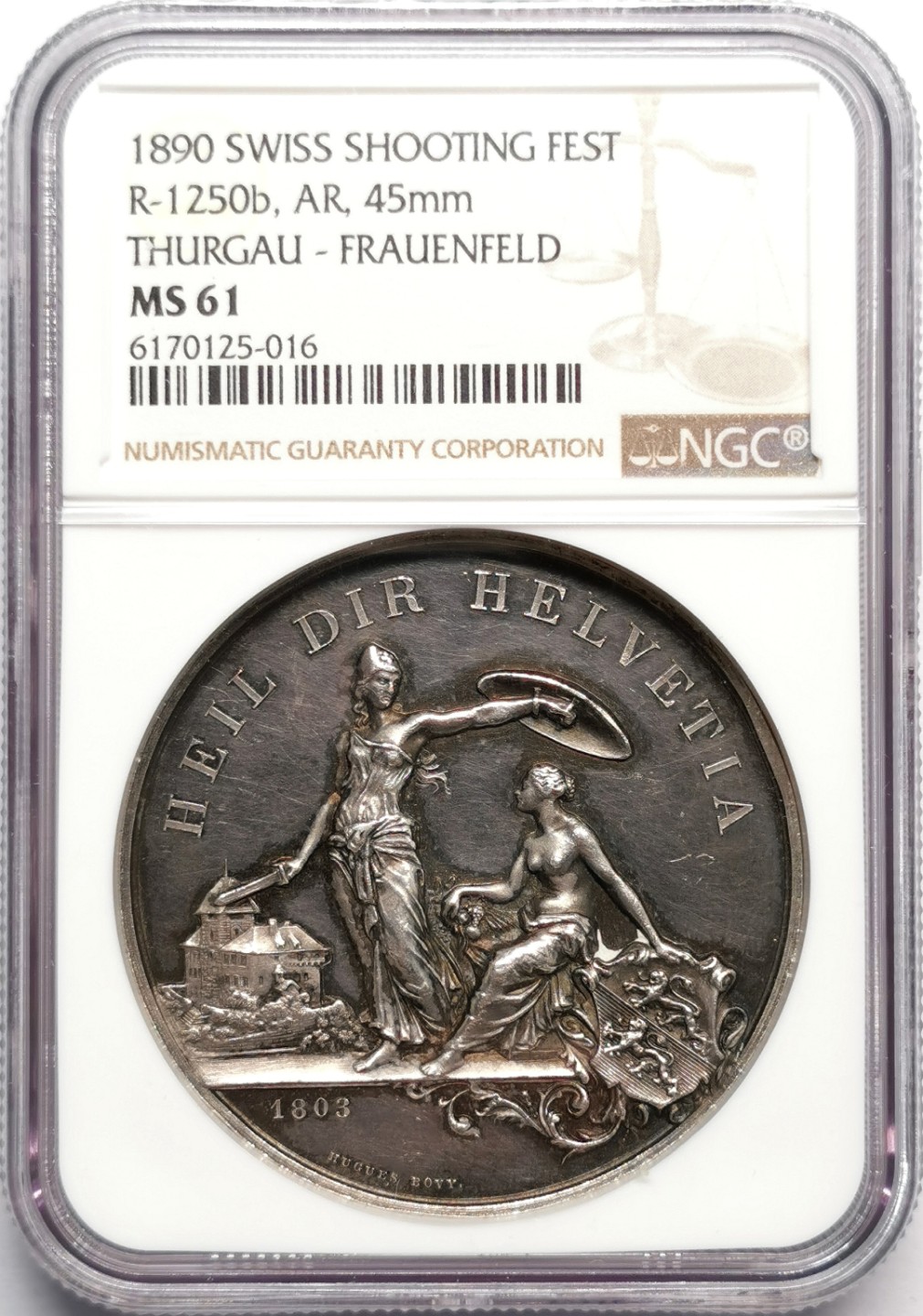 凡希社世界钱币微拍第二百三十三期 1890瑞士图尔高-弗劳恩费尔德射击节纪念银章NGC-MS61