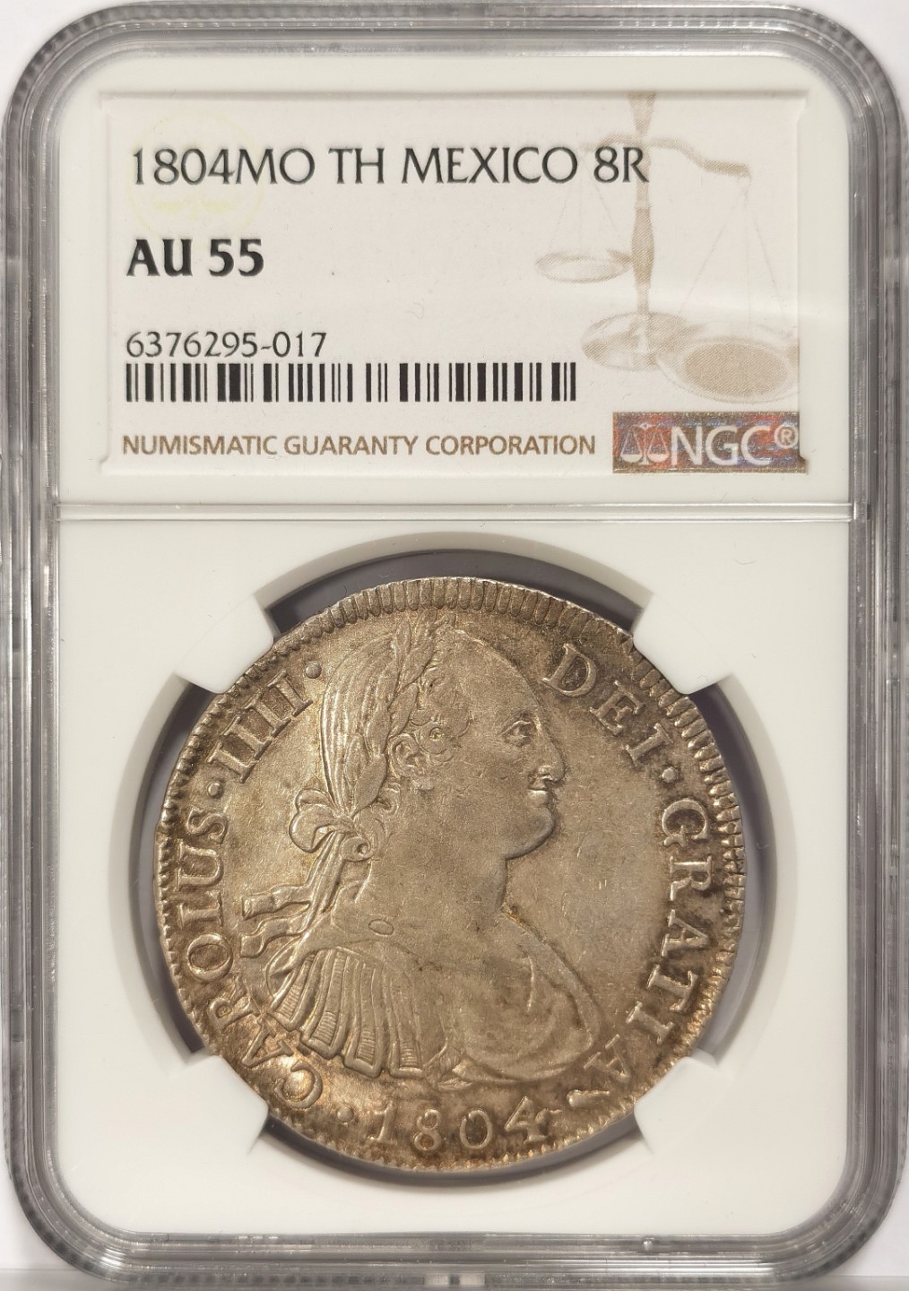 博洋堂“臻选之作”世界钱币精品专场暨第020期（全场包邮） NGC AU55  墨西哥卡洛斯四世 1804 里亚尔 淡金彩色包浆 深打底光十足 不输MS 收藏性价比高
