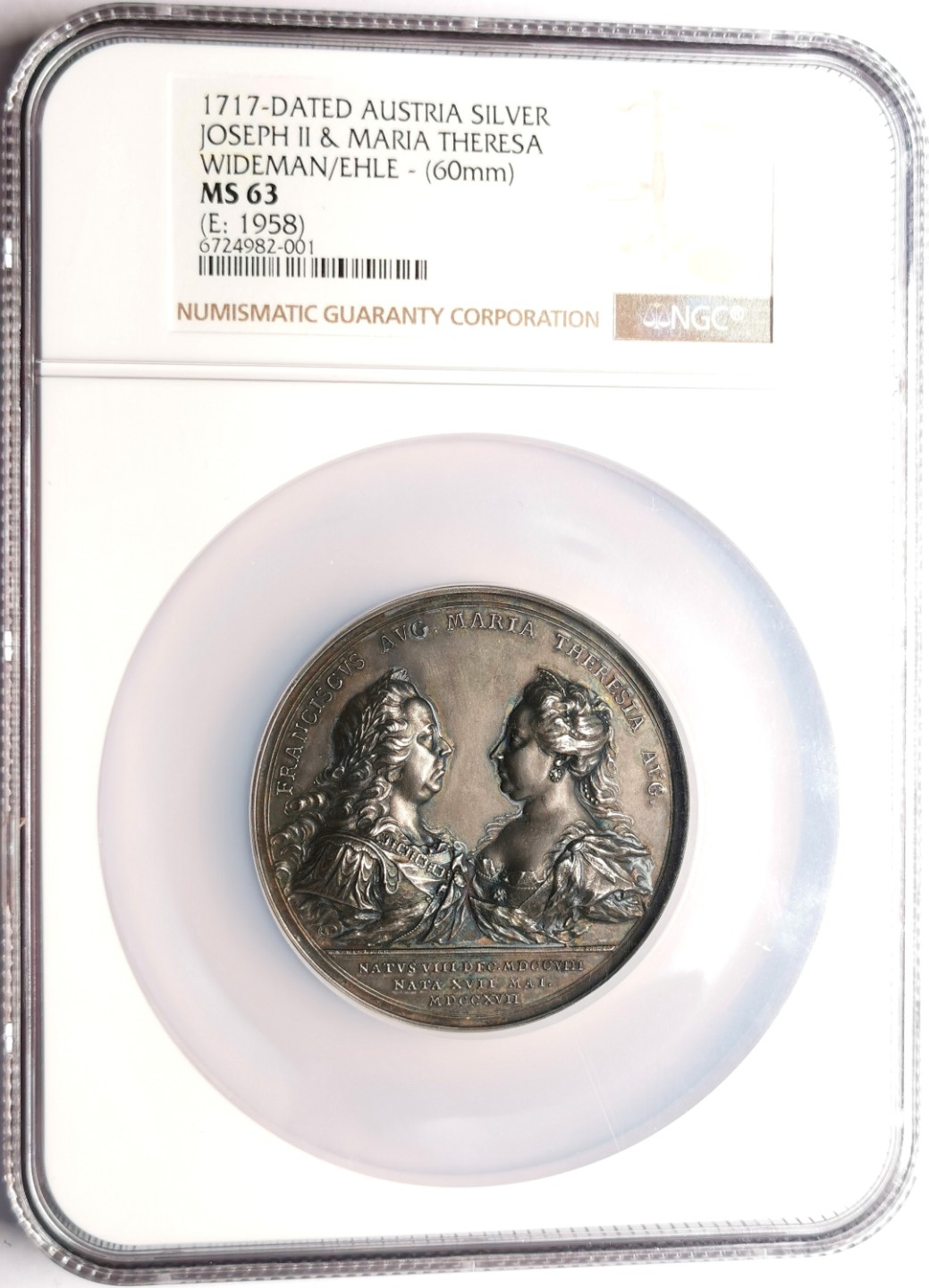 凡希社世界钱币微拍第二百三十三期 荐！1717奥地利约瑟夫与特蕾莎双头像纪念大型银章NGC-MS63包浆出色！