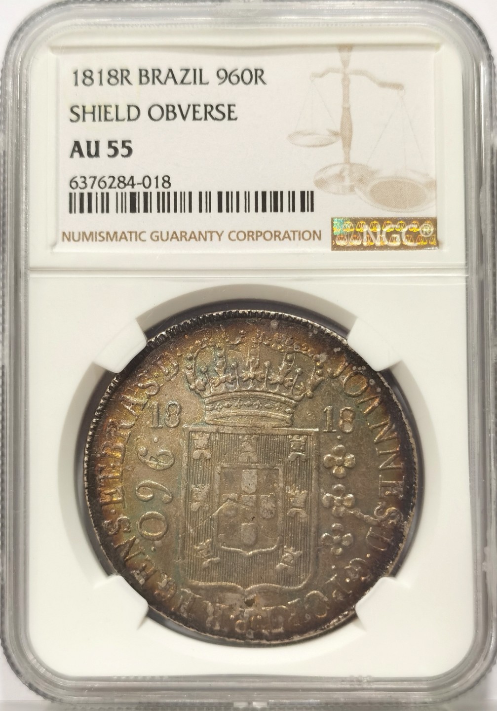 博洋堂“臻选之作”世界钱币精品专场暨第020期（全场包邮） NGC AU55 巴西双柱1818 960R 炫五彩包浆 目前价值洼地 收藏热门 性价比很高。