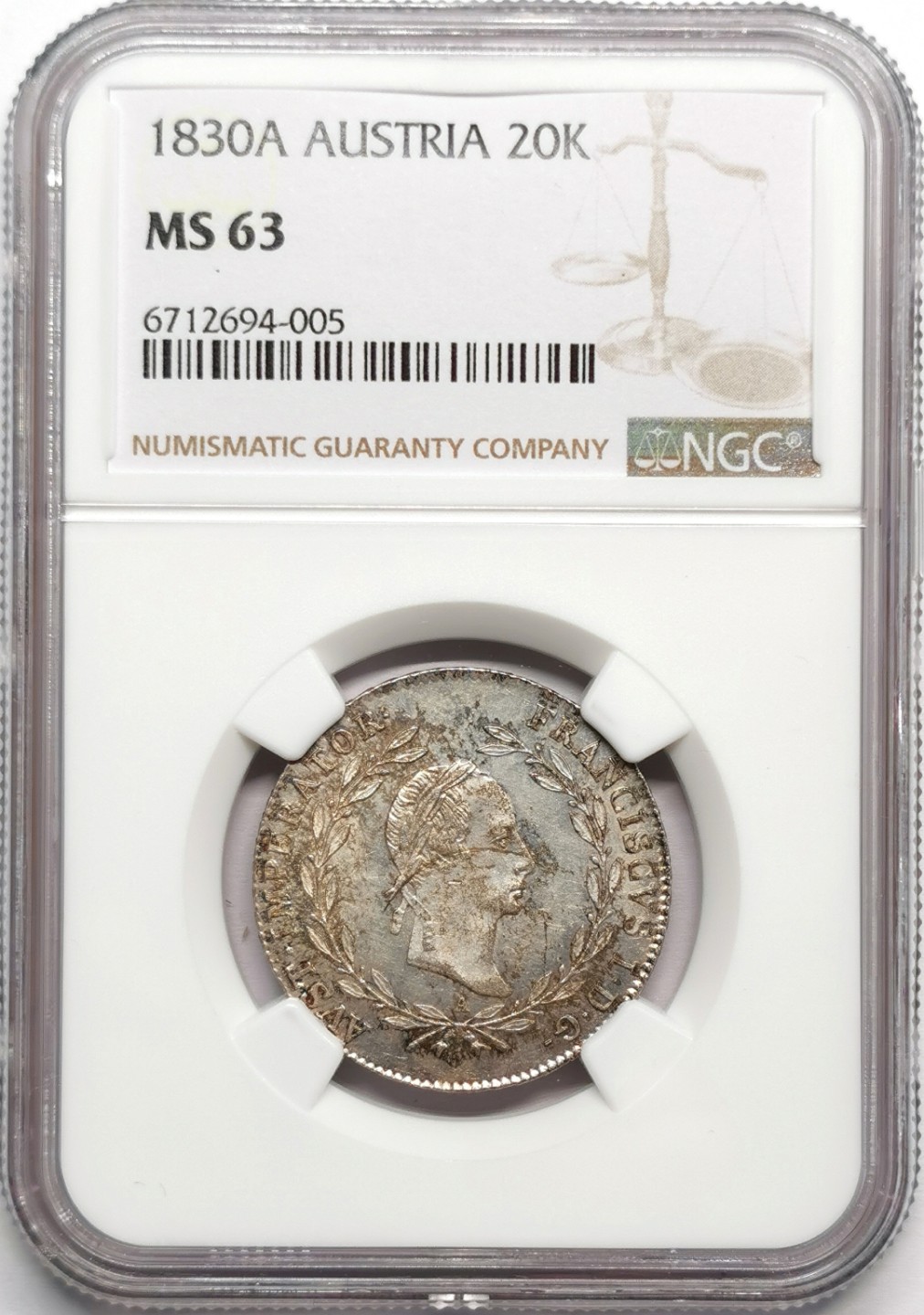 凡希社世界钱币微拍第二百三十三期 1830奥地利佛朗茨一世20K银辅币NGC-MS63淡彩！