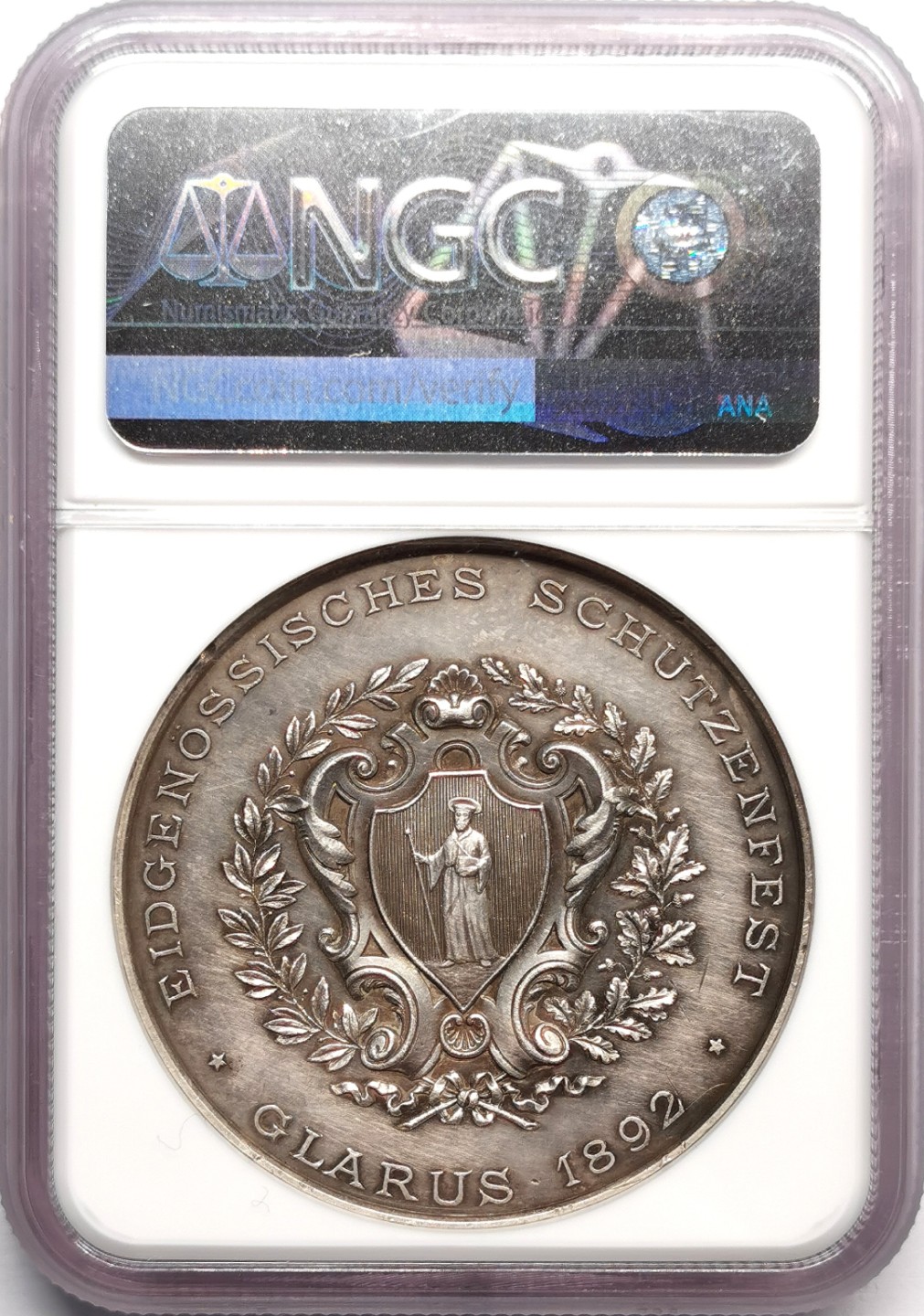 凡希社世界钱币微拍第二百三十三期 1892瑞士格拉鲁斯射击节纪念银章NGC-UNCD