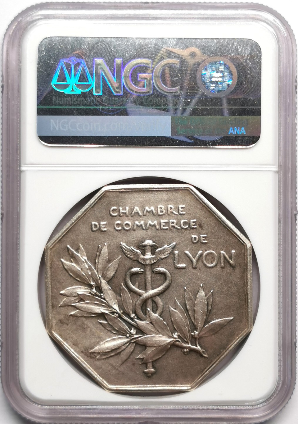 凡希社世界钱币微拍第二百三十三期 十九世纪法国里昂商会八角银章NGC-MS61 Roty作品！