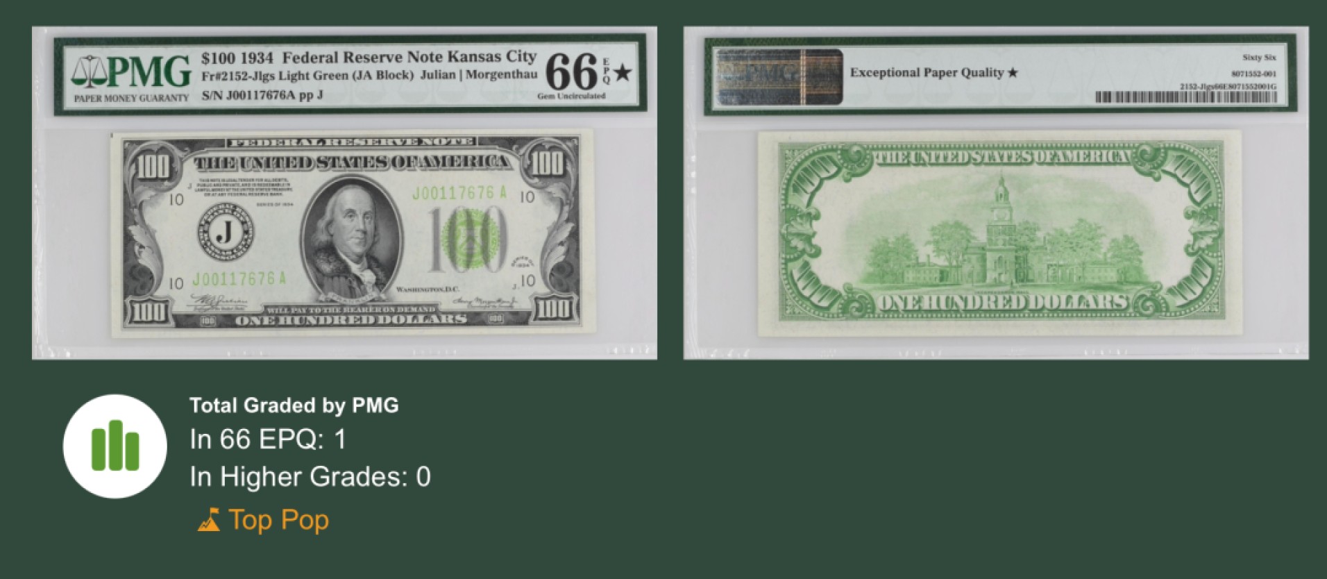 收藏联盟Quantum Auction 第243期拍卖 已更新 美国联邦储备券1934年100元 PMG66 加星 唯一冠军分 浅绿色库印