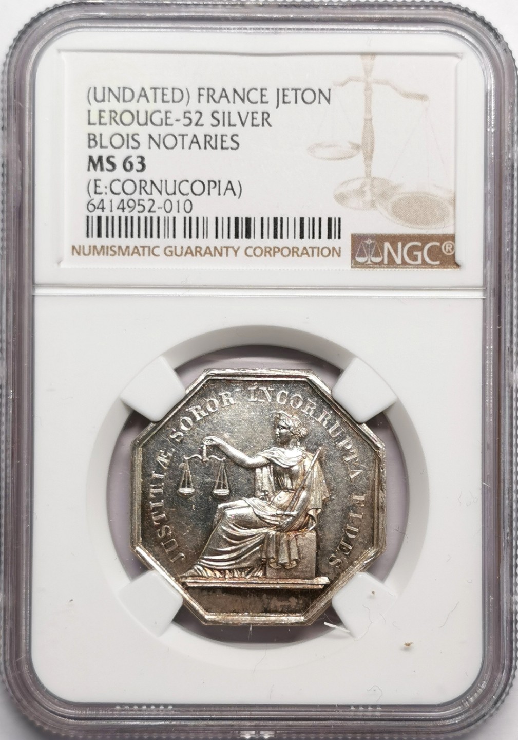 凡希社世界钱币微拍第二百三十三期 十九世纪法国布卢瓦公证处八角银章NGC-MS63