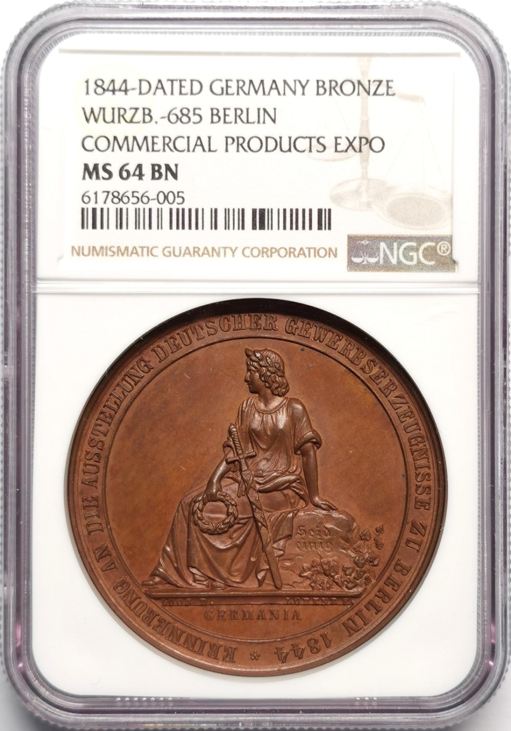 凡希社世界钱币微拍第二百三十三期 1844德国商业产品博览会纪念铜章NGC-MS64色泽一流！