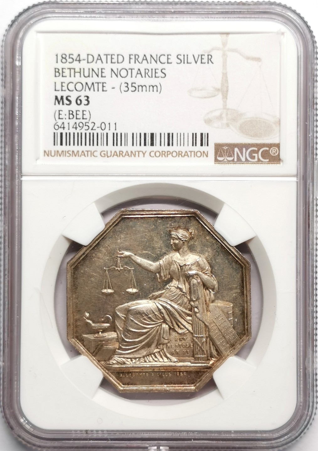 凡希社世界钱币微拍第二百三十三期 1854法国贝图恩公证处八角银章NGC-MS63