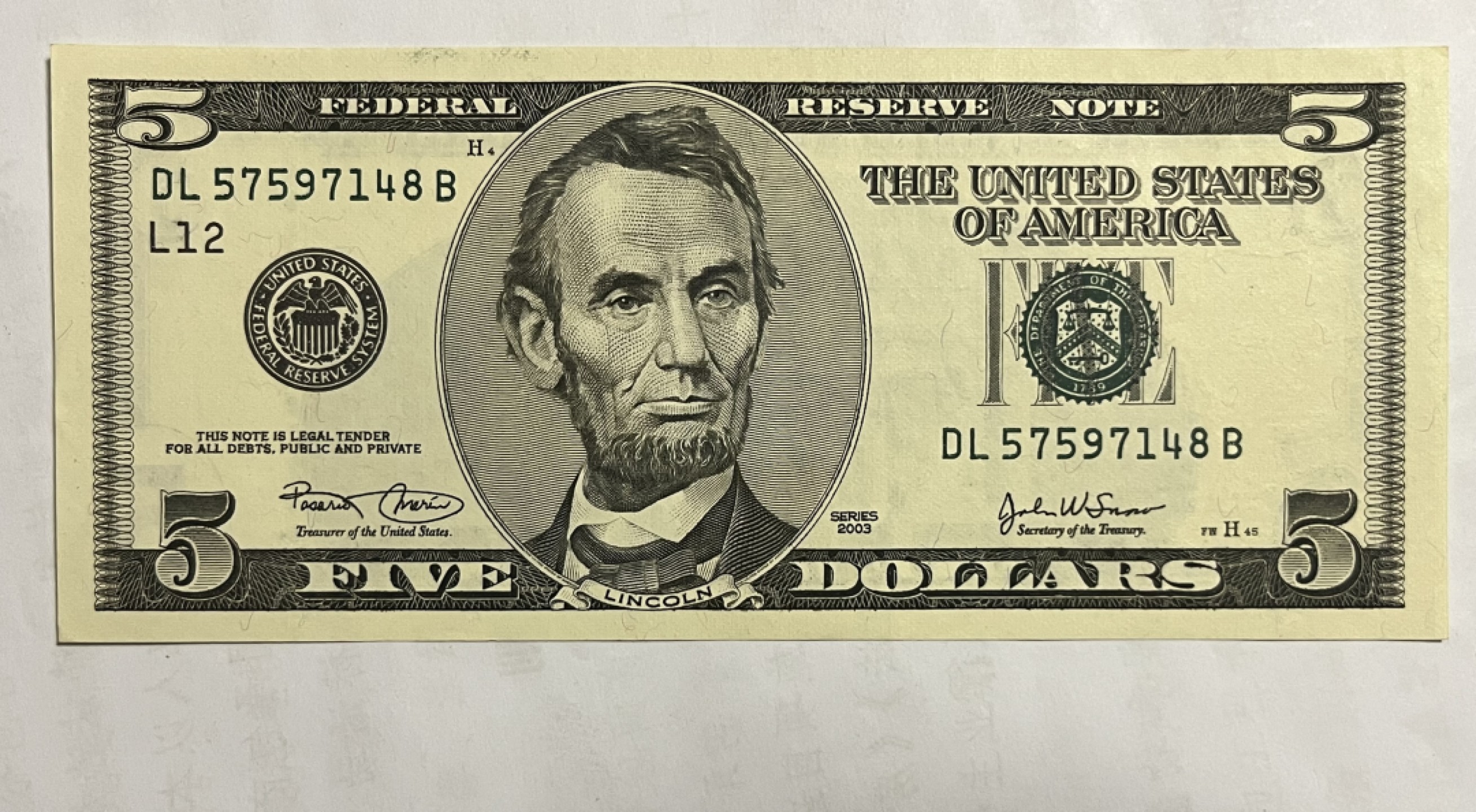 Chase Auction 第20期 - - 外钞、民国钞和人民币混合场！ 2003年正版 黑白大头5美元 全新UNC！