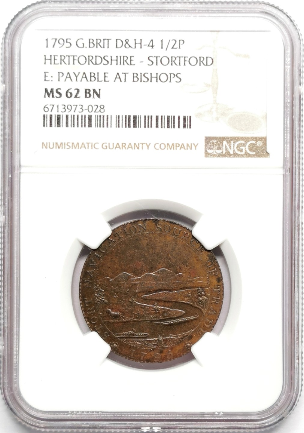 凡希社世界钱币微拍第二百三十三期 荐！1795英国毕晓普斯托福德运河半便士NGC-MS62 铜色迷人SOHO经典！