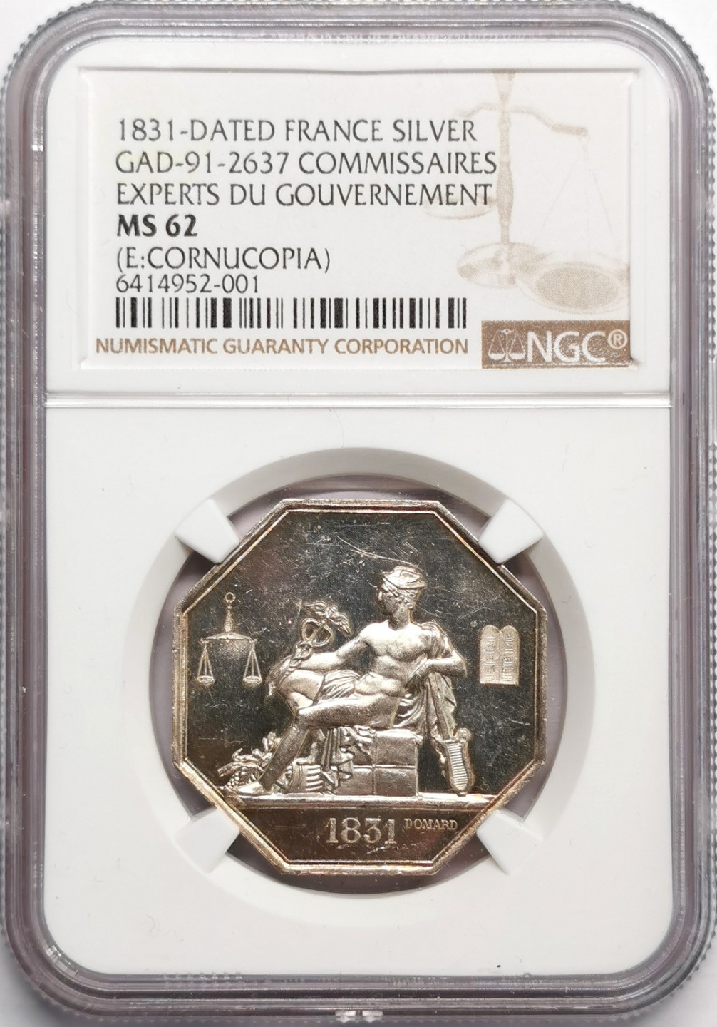 凡希社世界钱币微拍第二百三十三期 1831法国政府专家委员会八角银章NGC-MS62