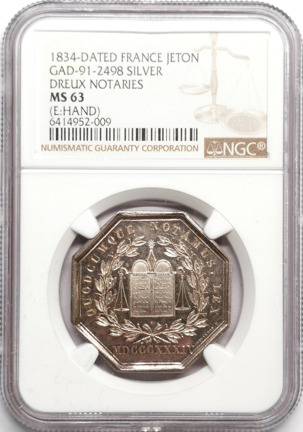 凡希社世界钱币微拍第二百三十三期 1834法国德勒公证处八角银章NGC-MS63