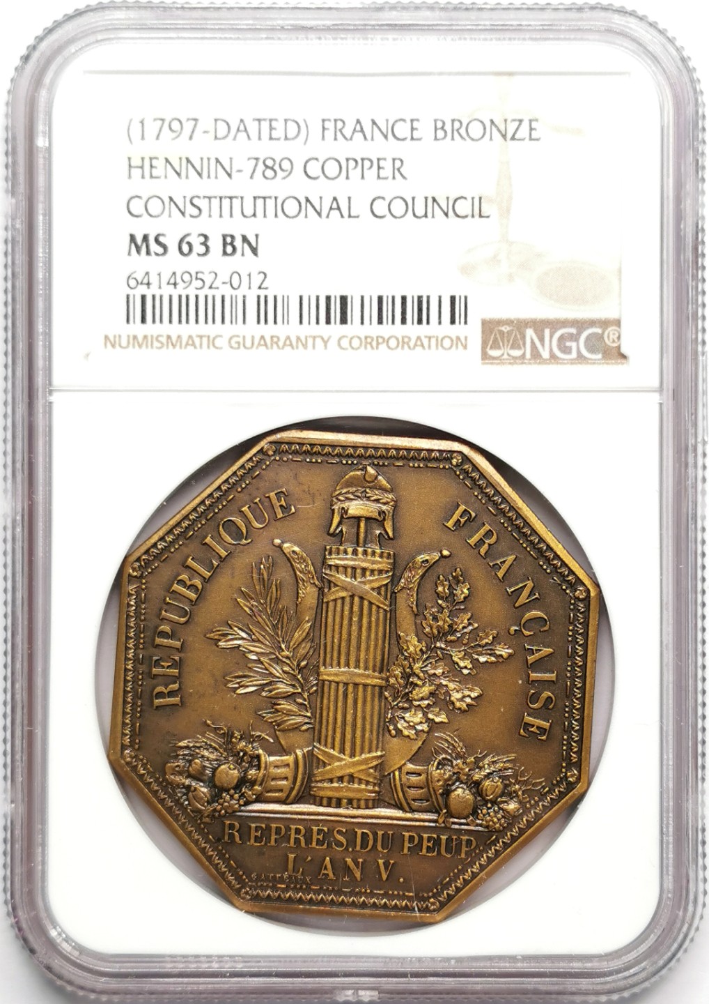 凡希社世界钱币微拍第二百三十三期 1797法国宪法委员会八角铜章NGC-MS63后铸品！