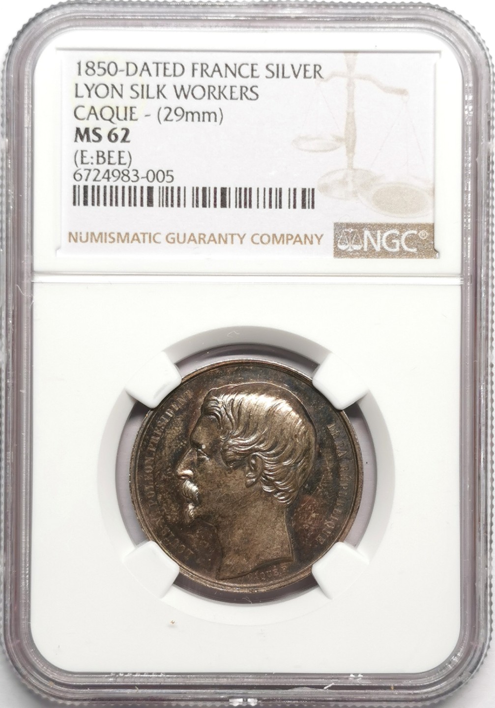 凡希社世界钱币微拍第二百三十三期 1850法国里昂丝织工人纪念银章NGC-MS62雕刻精美CAQUE作品！