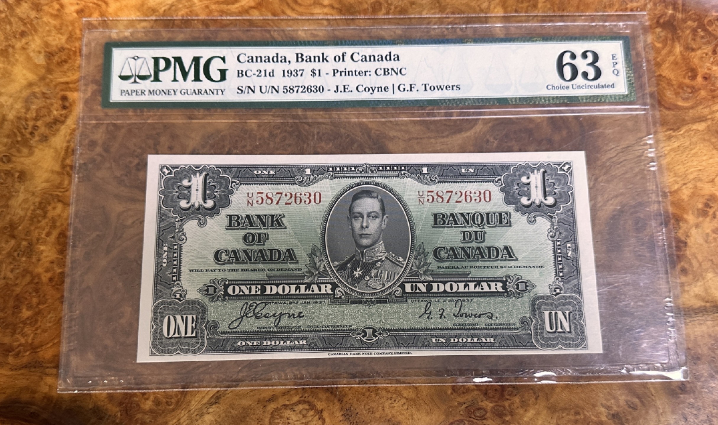 Chase Auction 第20期 - - 外钞、民国钞和人民币混合场！ 1937年加拿大1元，PMG63e，乔治六世！无4乱蛇号！