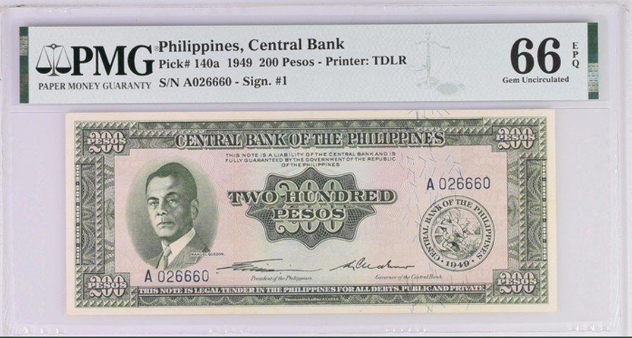 收藏联盟Quantum Auction 第243期拍卖 已更新 菲律宾1949年200比索 PMG66 首发A冠 美治时期领袖 曼努埃尔