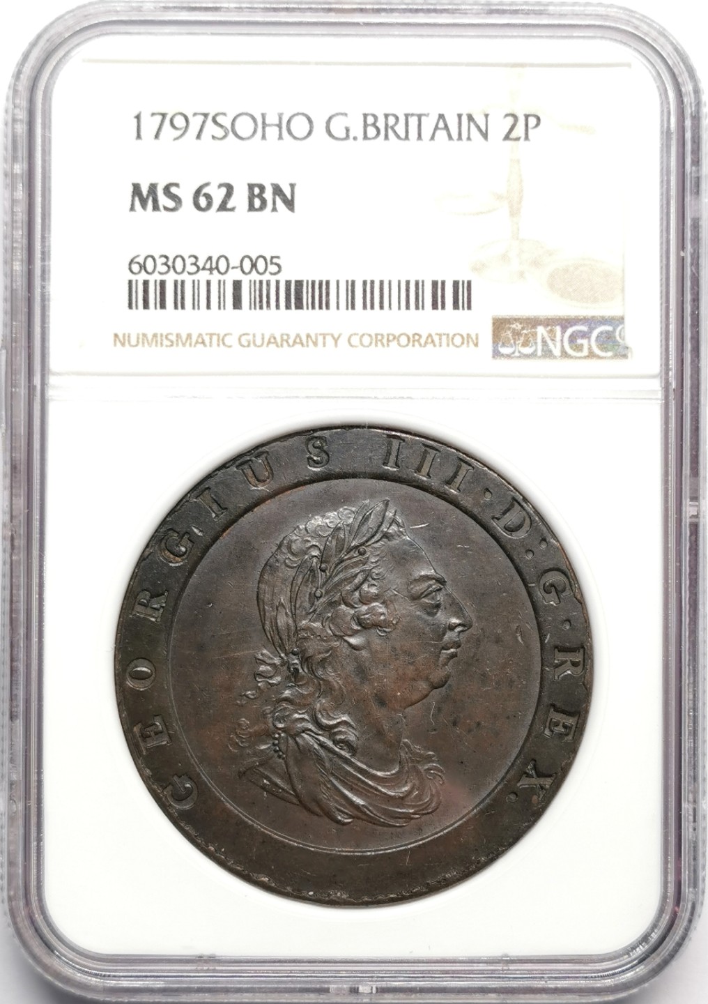 凡希社世界钱币微拍第二百三十三期 荐！1797乔三车轮2便士NGC-MS62包浆厚重细节饱满！