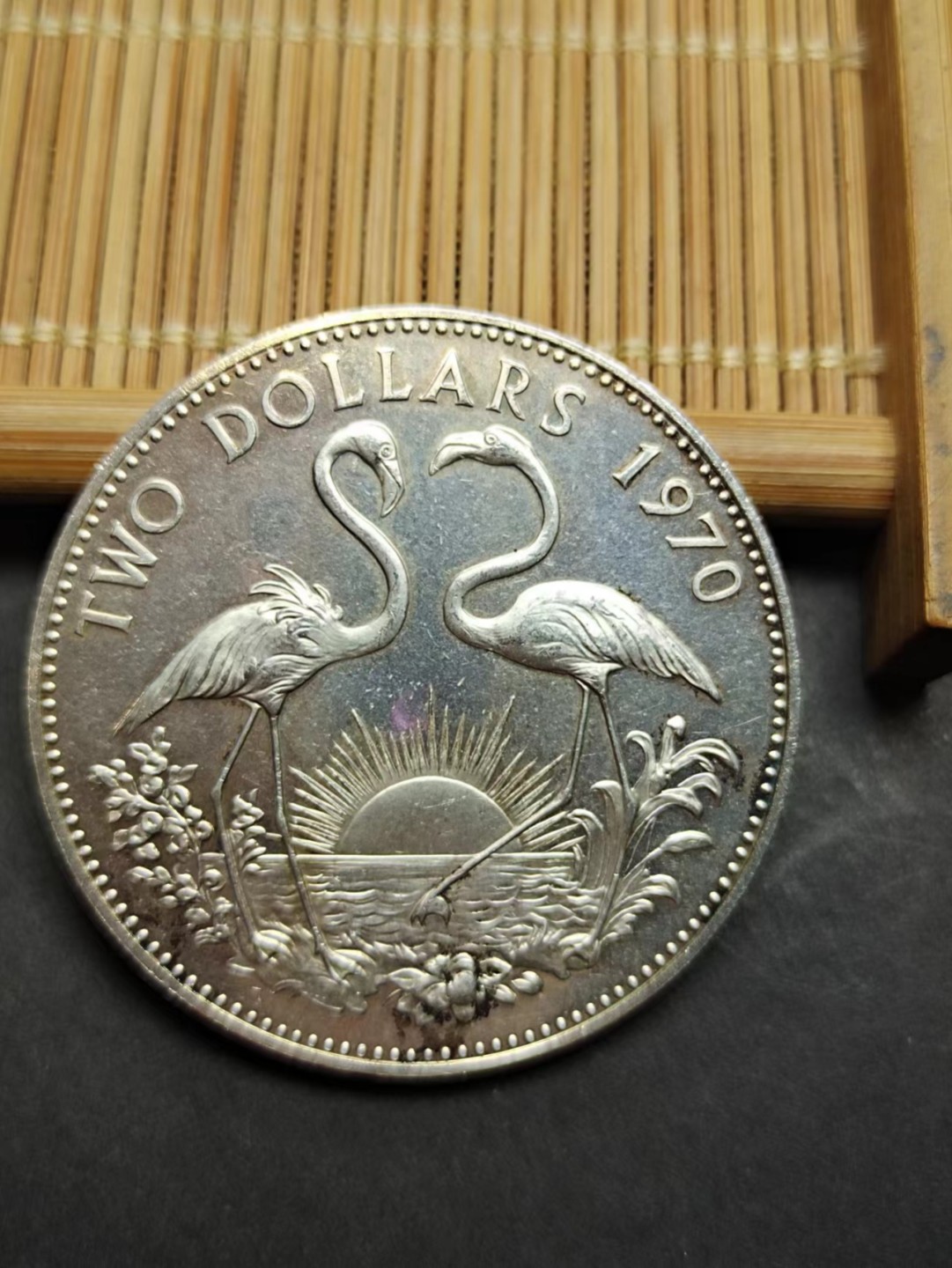 【8个洞收藏】第5场★0押0起一件包邮★银币专场（持续更新····） 7天连拍 巴哈马群岛 1970年 2元银币 下6点处游有一点氧化 正面为青年伊丽莎白二世女王，反面为象征爱情的 国鸟 火烈鸟。银重30克